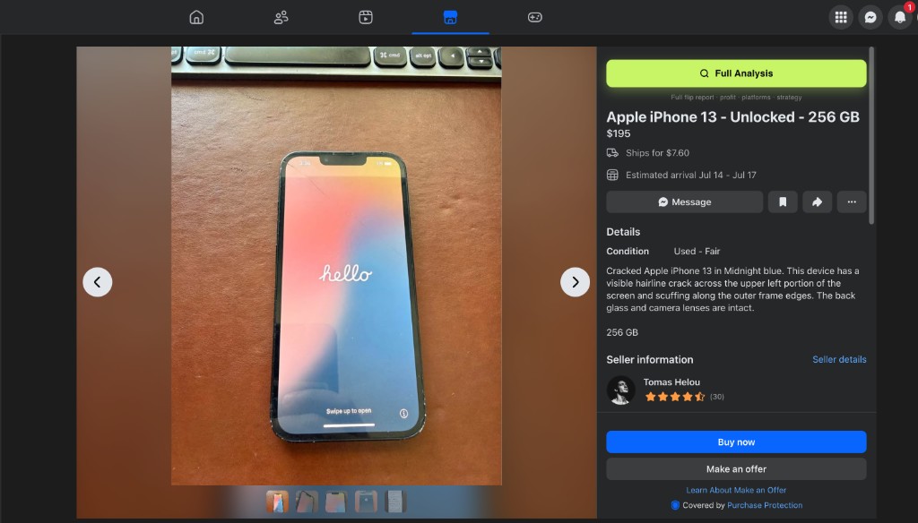 Facebook Marketplace listing page with flippr Full Analysis button